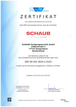 Schaub Zertifikat DIN EN ISO 3834-2