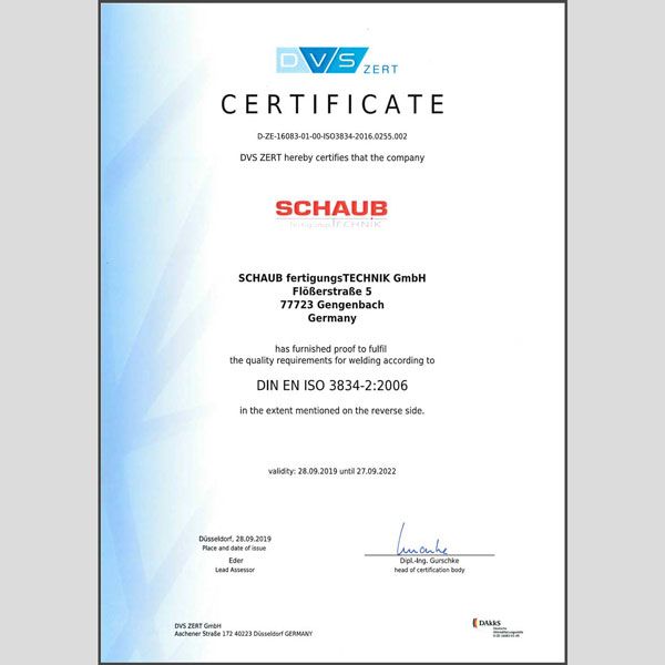 Zertifikat DIN EN ISO 3834-2 Schaub