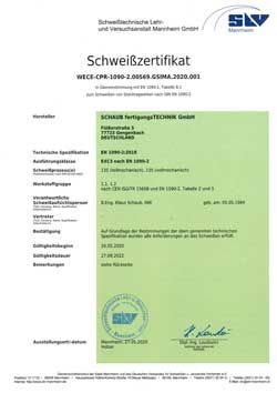 Scahub FT Schweißzertifikat DIN EN 1090-2 (EXC3)